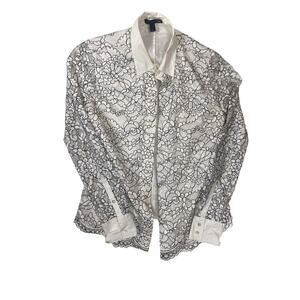 J Crew Lace Button Down Shirt Size 2 Collared Blouse White Black Long Sleeve